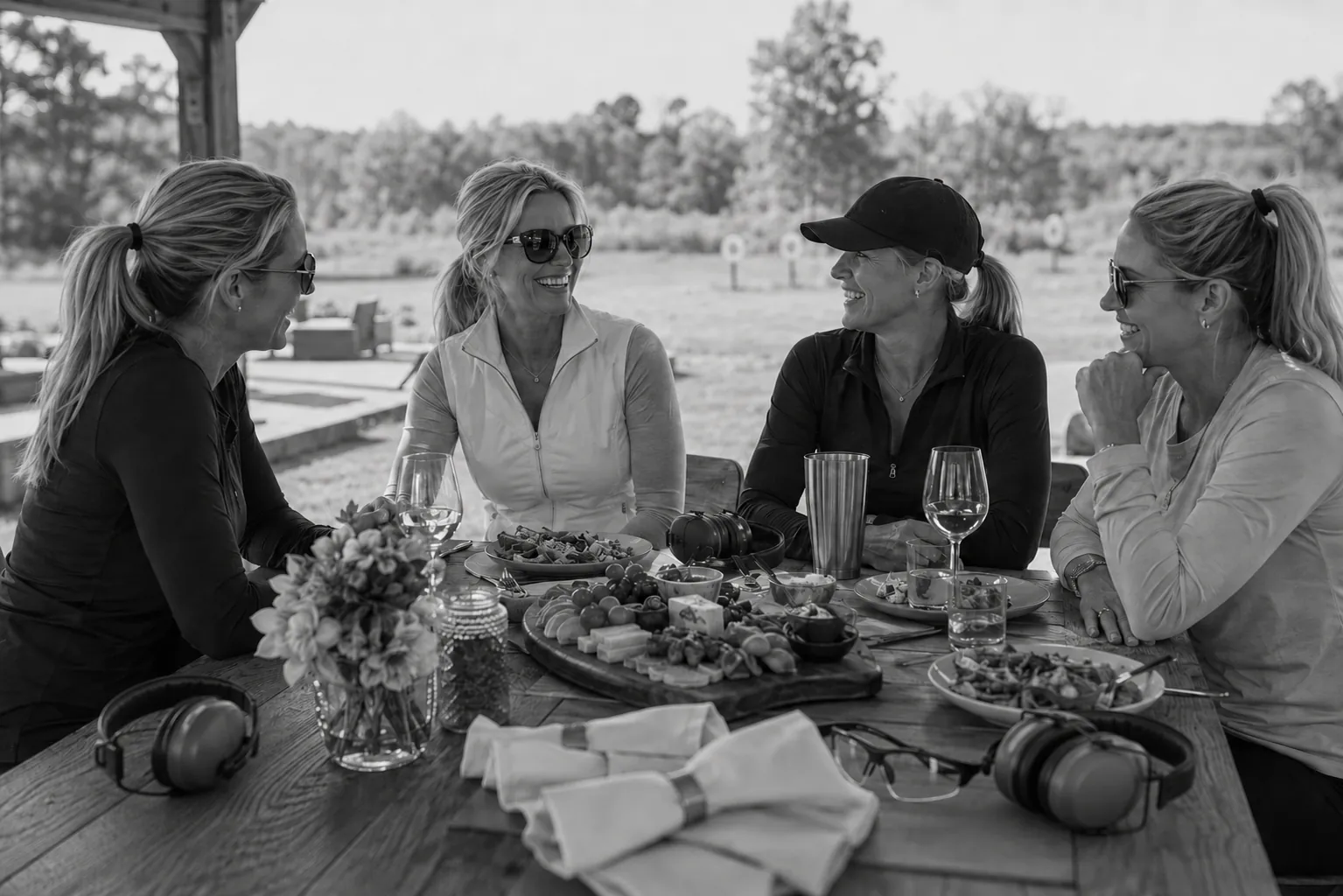 Women learning firearm safety together in a private women-only class in Central Ohio, sharing a catered meal between sessions